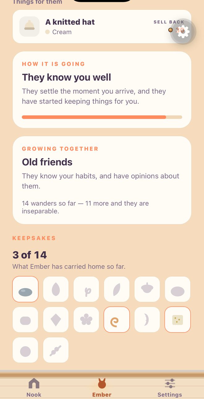 The companion page in the app: 'They know you well' bond card, 'Old friends — 14 wanders so far', and a keepsake collection showing 3 of 14